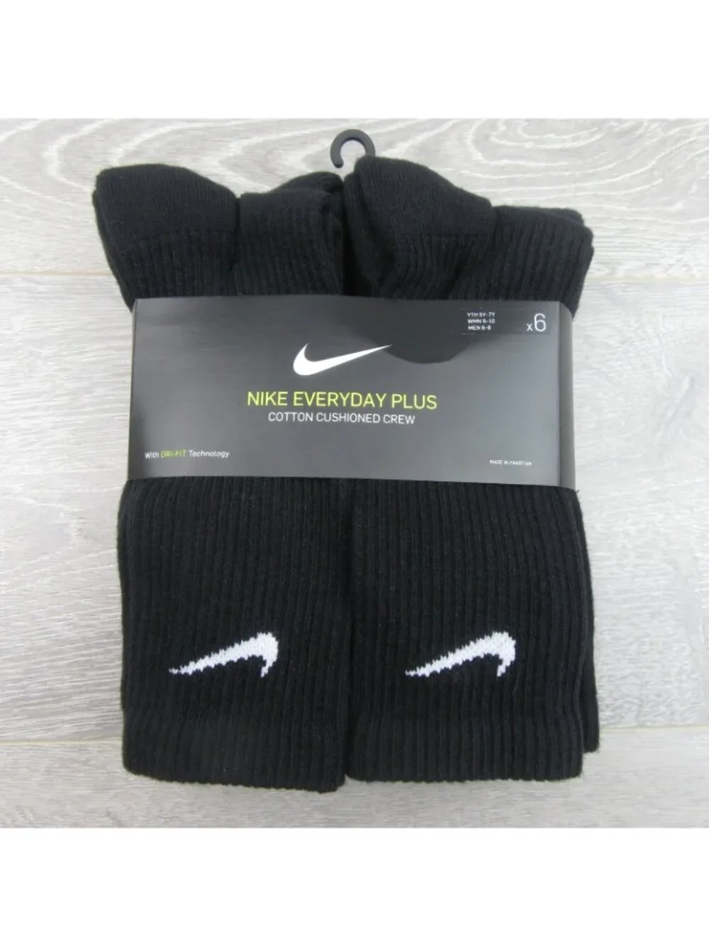 Nike Everyday Plus Dri-Fit Black Crew Socks (6 Pk) Womens 6-10 / Youth 5Y-7Y NEW